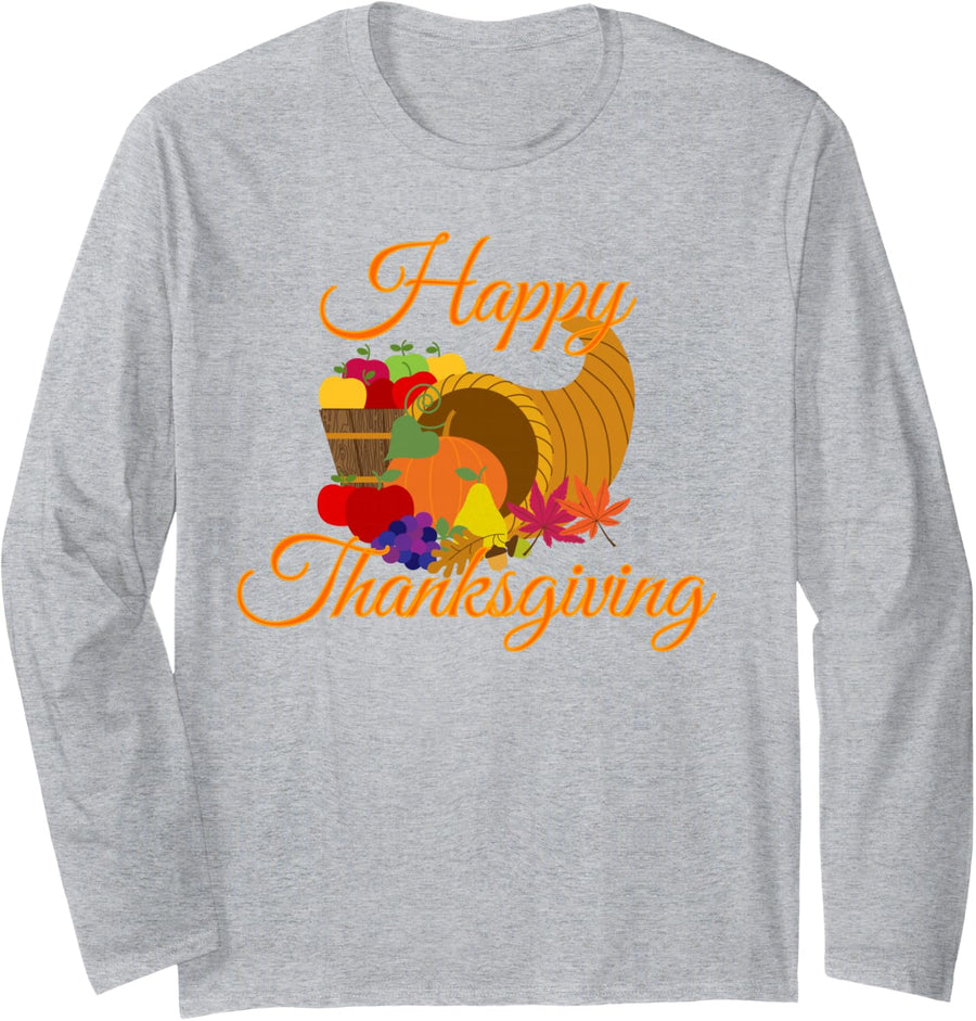 Happy Thanksgiving Cornucopia Long Sleeve T-Shirt - Adult Unisex Heather Grey