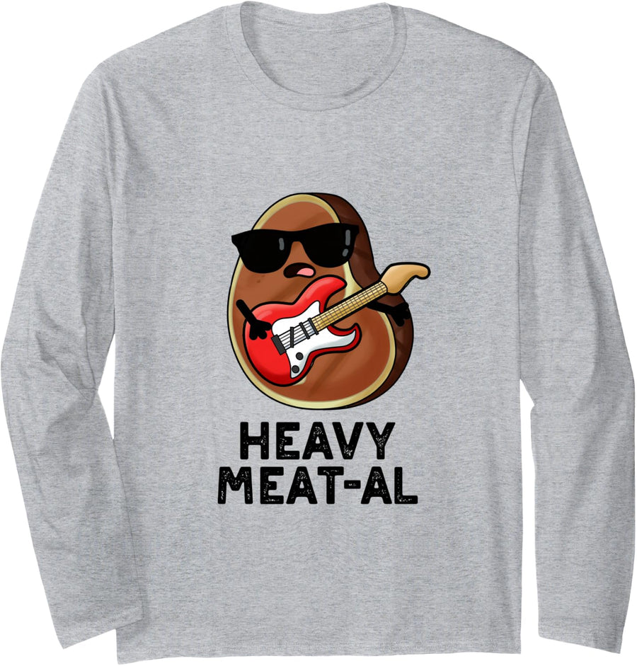 Heavy Meat-al Funny Steak Pun Long Sleeve T-Shirt - Adult Unisex Heather Grey