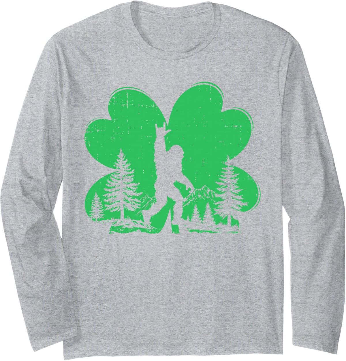 St Patricks Day Bigfoot Sasquatch Shamrock Men Women Kids Long Sleeve T-Shirt - Adult Unisex Heather Grey