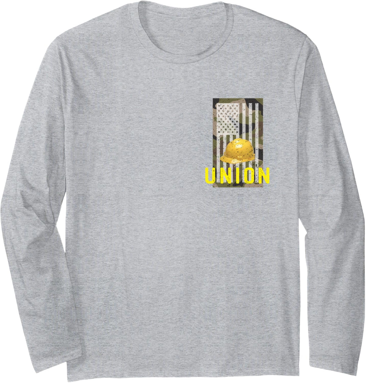 Camouflage Patriotic Union Laborer Worker Iron Hard Hat Long Sleeve T-Shirt - Adult Unisex Heather Grey
