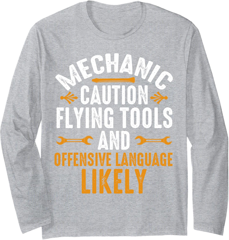 Mechanic Caution Funny Auto Mechanic Crew Cars Men Long Sleeve T-Shirt - Adult Unisex Heather Grey