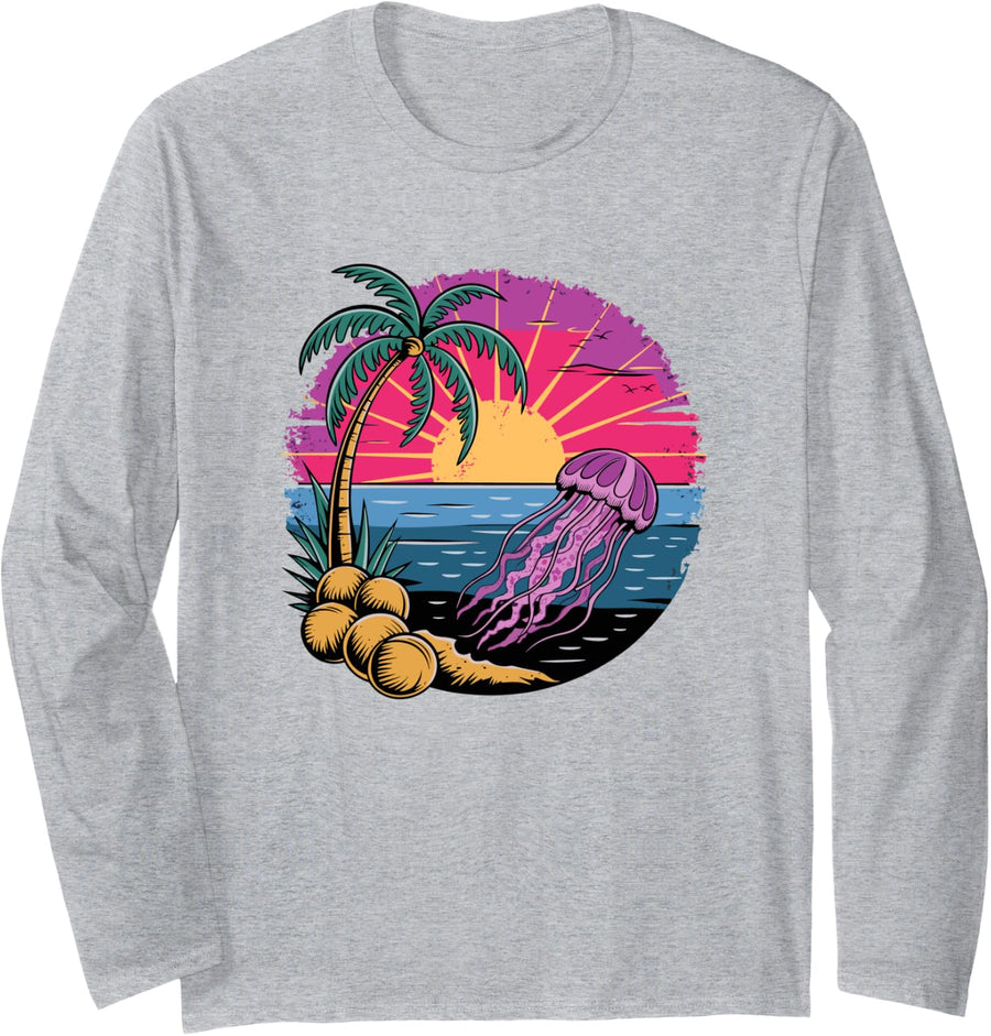 Retro Sunset Jellyfish Jellyfishes Long Sleeve T-Shirt - Adult Unisex Heather Grey