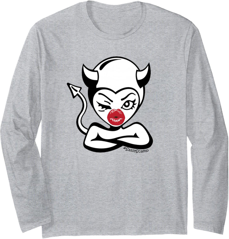 Punk Girl Devil Sexy Red Lips Wink Retro Pop Art SassyScamp Long Sleeve T-Shirt - Adult Unisex Heather Grey