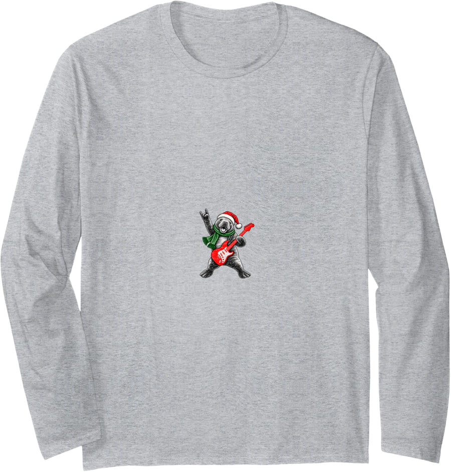 Vintage Manatee Rock Playing Guitar Funny Christmas Long Sleeve T-Shirt - Adult Unisex Heather Grey