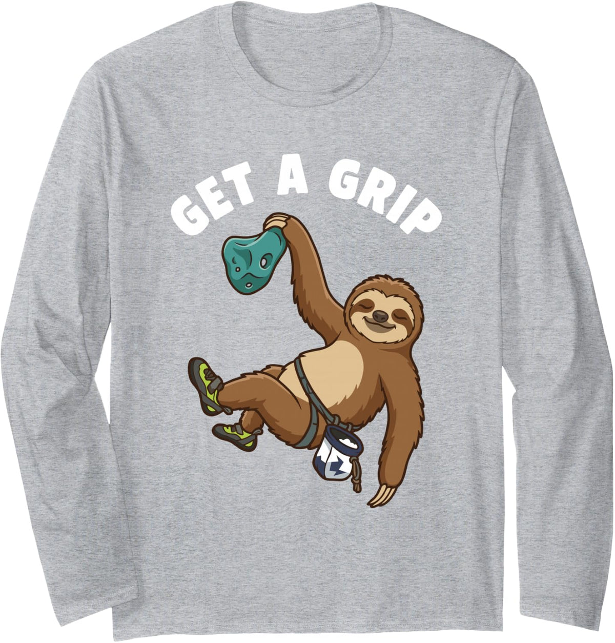 Funny Get A Grip Rock Climber Bouldering Sloth Long Sleeve T-Shirt - Adult Unisex Heather Grey