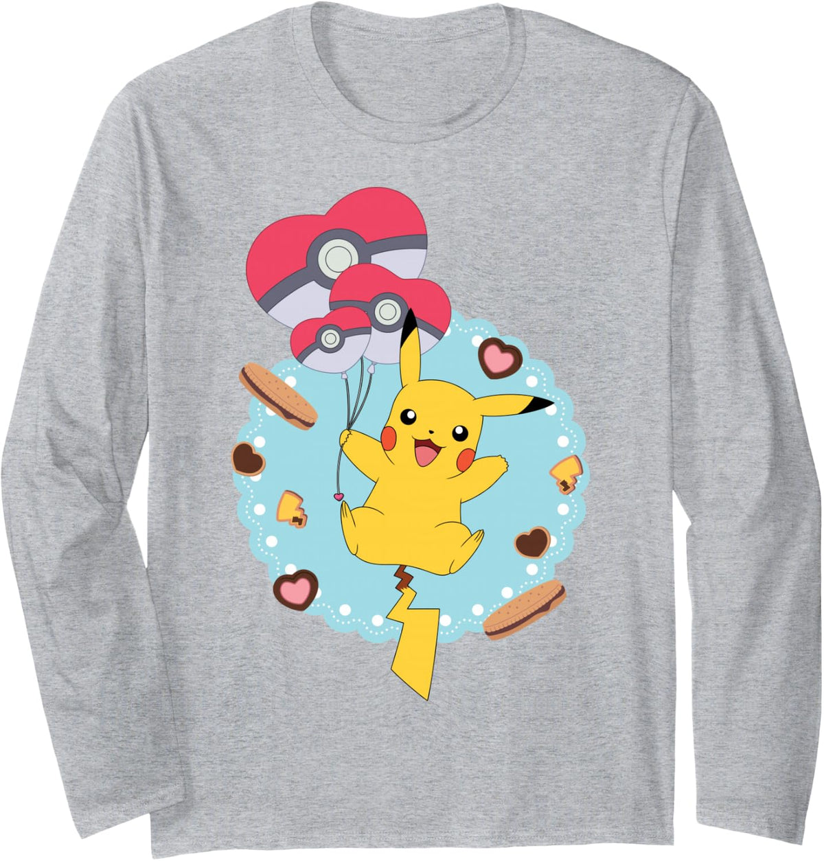 Pikachu Valentine's Day Cookies & Balloons Long Sleeve T-Shirt - Adult Unisex Heather Grey