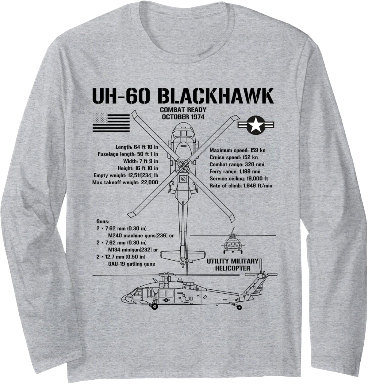 UH-60 Blackhawk Attack Helicopter Specs Military Helo UH61 Long Sleeve T-Shirt - Adult Unisex Heather Grey