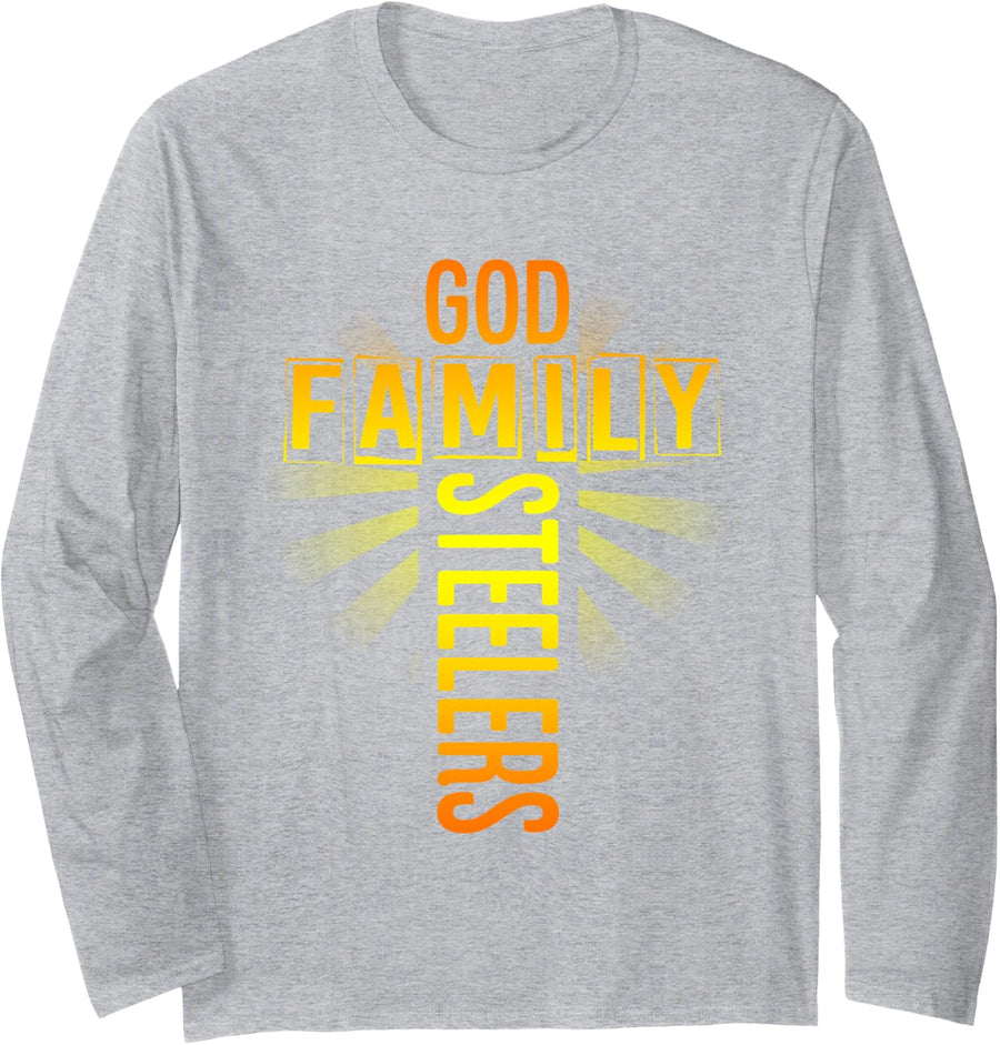 Father's Day Gift Tee Shirt God Family Steeler T-Shirt Long Sleeve T-Shirt - Adult Unisex Heather Grey