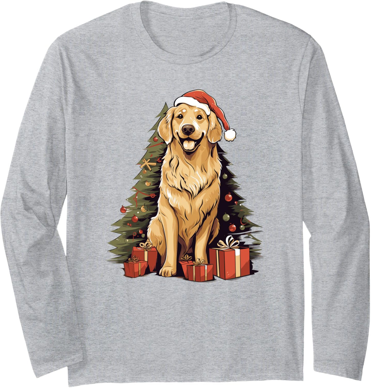 Christmas Tree and Funny Santa Golden Retriever Christmas Long Sleeve T-Shirt - Adult Unisex Heather Grey