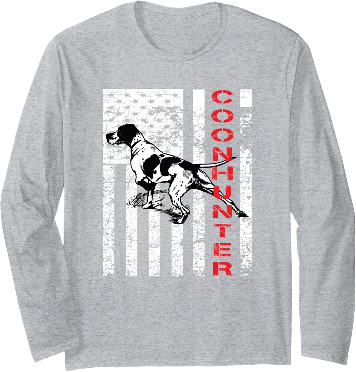 Distressed Long Sleeve Coonhound Shirt with an American Flag - Adult Unisex Heather Grey