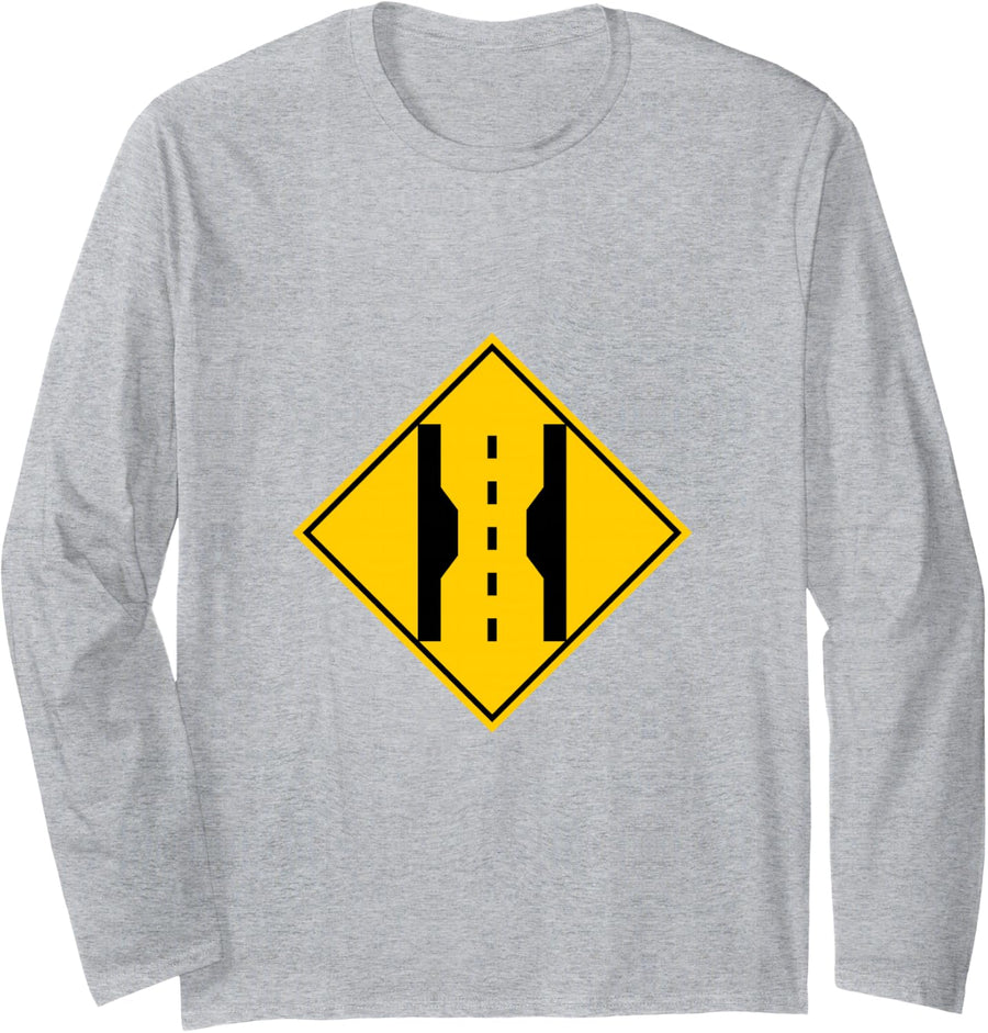 Narrow Bridge Ahead Road Hazard Warning Sign Graphic Long Sleeve T-Shirt - Adult Unisex Heather Grey