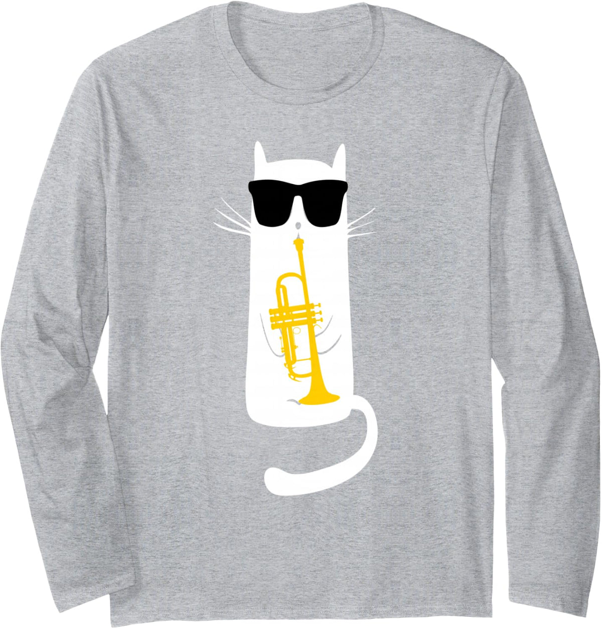 Funny Cat Wearing Sunglasses Playing Trumpet Long Sleeve T-Shirt - Adult Unisex Heather Grey