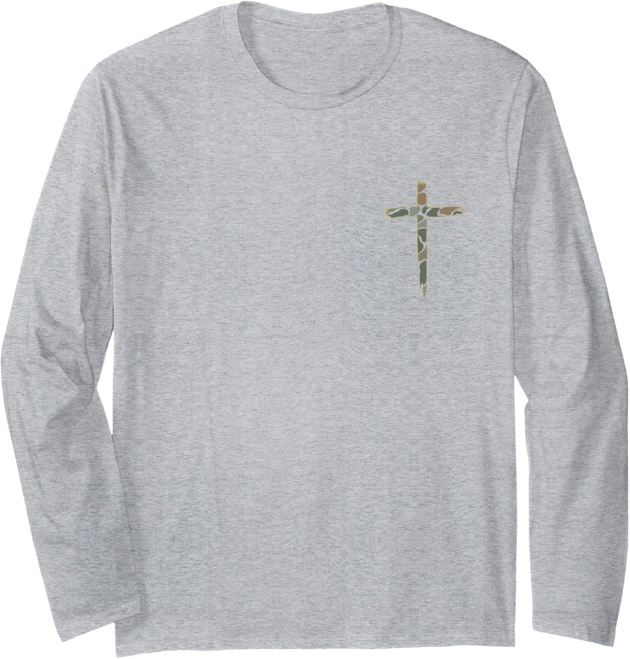 Christian Faith Deer Hunting (Design on Front and Back) Long Sleeve T-Shirt - Adult Unisex Heather Grey