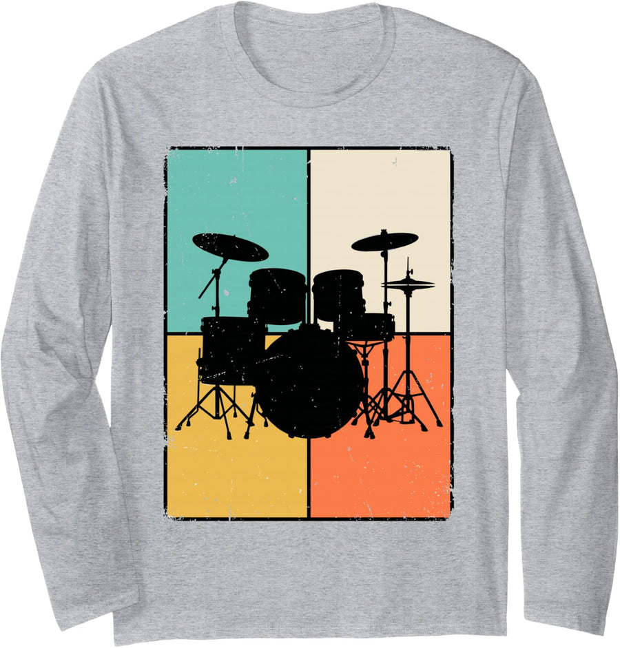 Retro Drummer Drum Set Drums Percussion Musician Music Band Long Sleeve T-Shirt - Adult Unisex Heather Grey