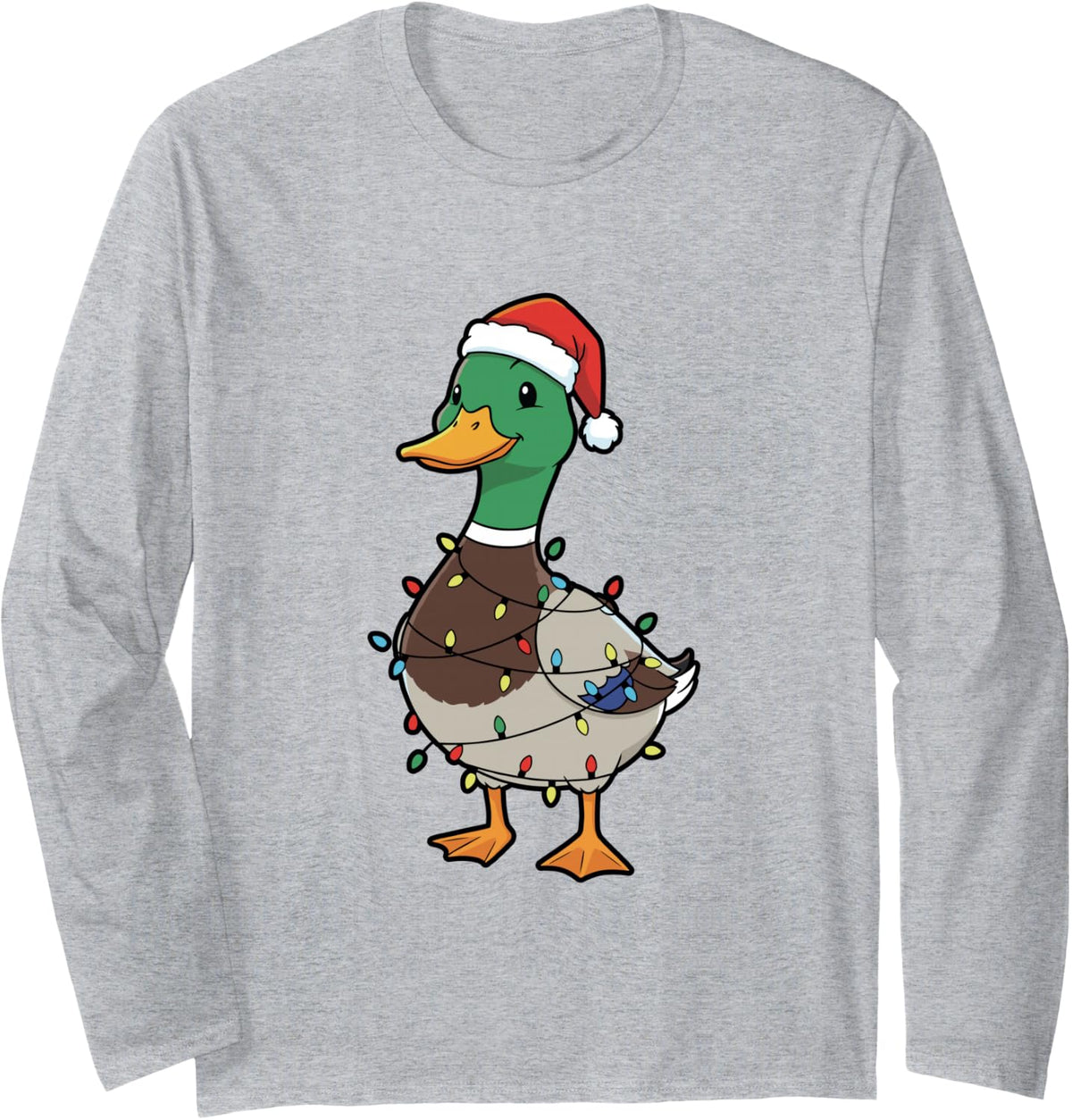 Cute Christmas Duck Mallard with Xmas Lights Long Sleeve T-Shirt - Adult Unisex Heather Grey