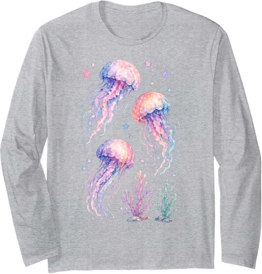 Vintage Jellyfish Art for Ocean Lovers Under the Sea Long Sleeve T-Shirt - Adult Unisex Heather Grey