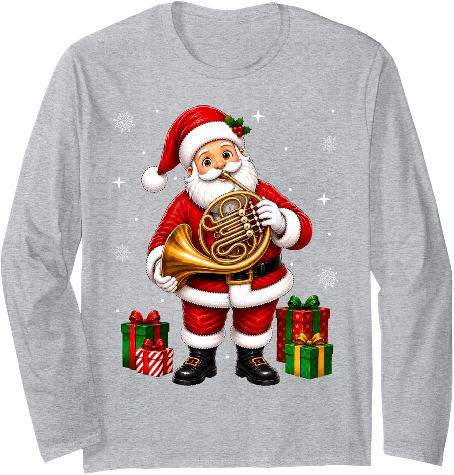 French Horn Music Lover Santa Playing French Horn Christmas Long Sleeve T-Shirt - Adult Unisex Heather Grey
