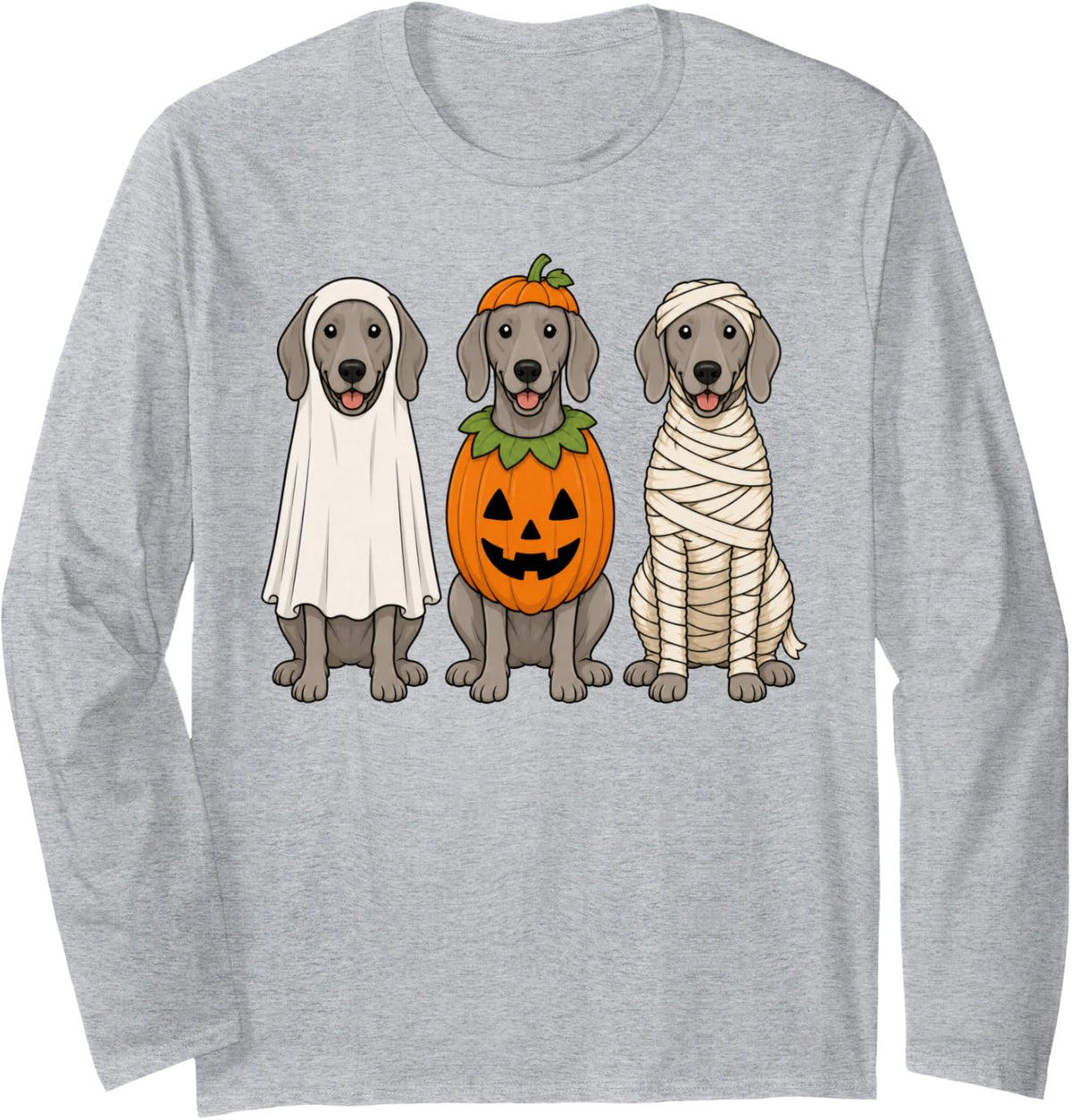 Spooky Weimaraner Pumpkin Ghost Halloween Dog Lover Long Sleeve T-Shirt - Adult Unisex Heather Grey
