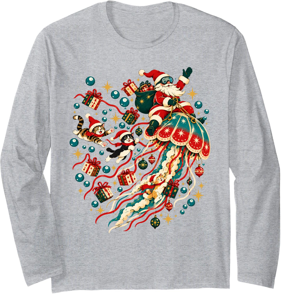 Funny Santa Riding Christmas Jellyfish with Cute Cats Lover Long Sleeve T-Shirt - Adult Unisex Heather Grey
