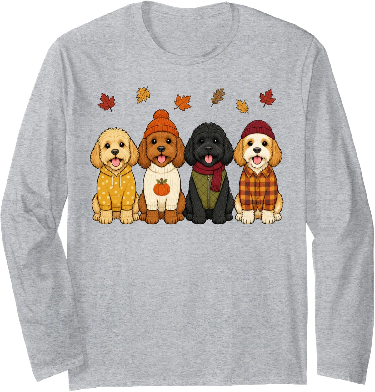 Cockapoo Fall Autumn Season Doodle Dog Pumpkin Long Sleeve T-Shirt - Adult Unisex Heather Grey