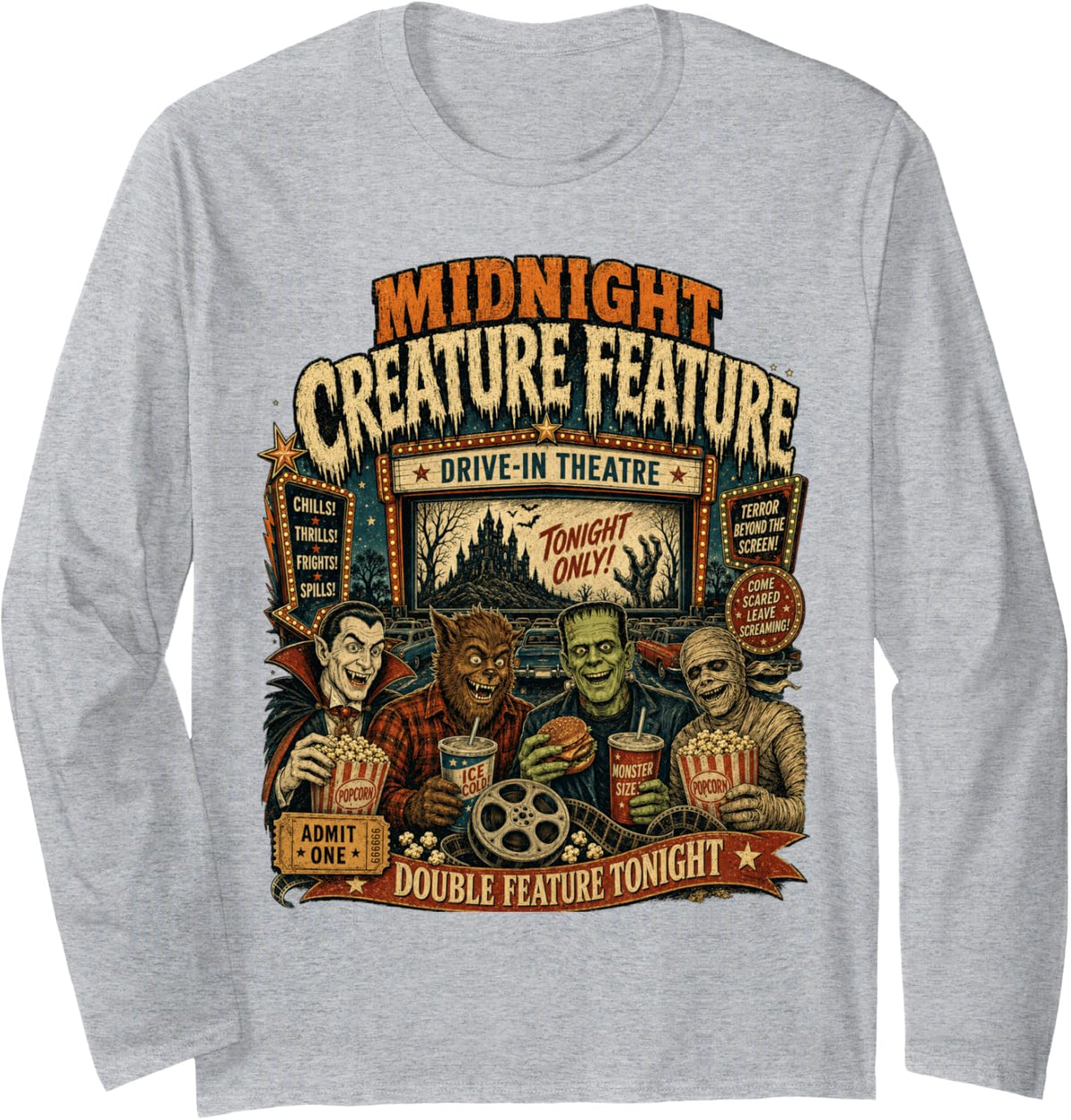Vintage Halloween Midnight Creature Feature Horror Movie 90s Long Sleeve T-Shirt - Adult Unisex Heather Grey