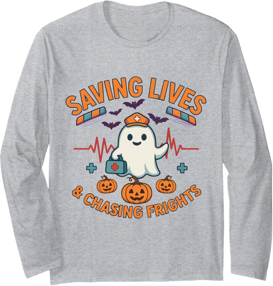 Halloween Paramedic EMT Nurse Long Sleeve T-Shirt - Adult Unisex Heather Grey