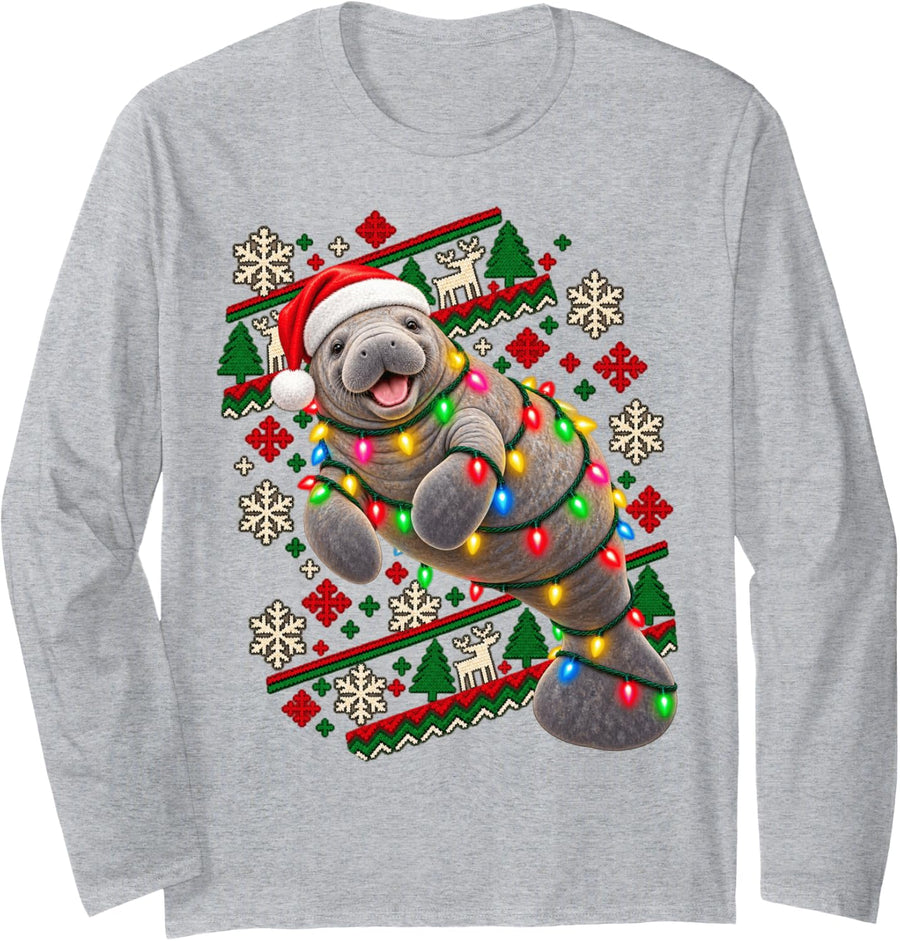 Christmas Lights Manatee Playful Holiday Design Long Sleeve T-Shirt - Adult Unisex Heather Grey