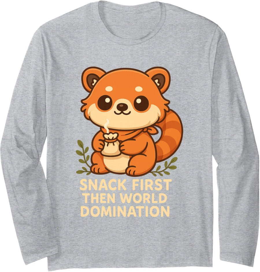 Red Panda Snack First Then World Domination Cute Kawaii Long Sleeve T-Shirt - Adult Unisex Heather Grey