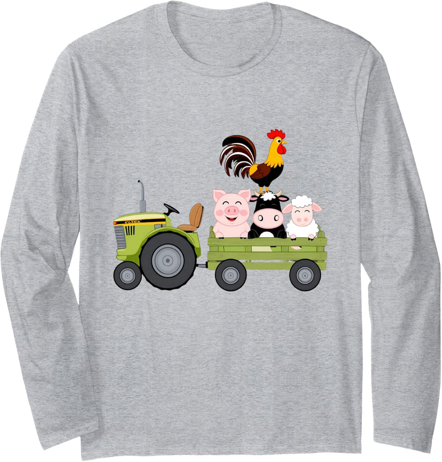Farm Tractor with Animals Fun Farming Design Long Sleeve T-Shirt - Adult Unisex Heather Grey