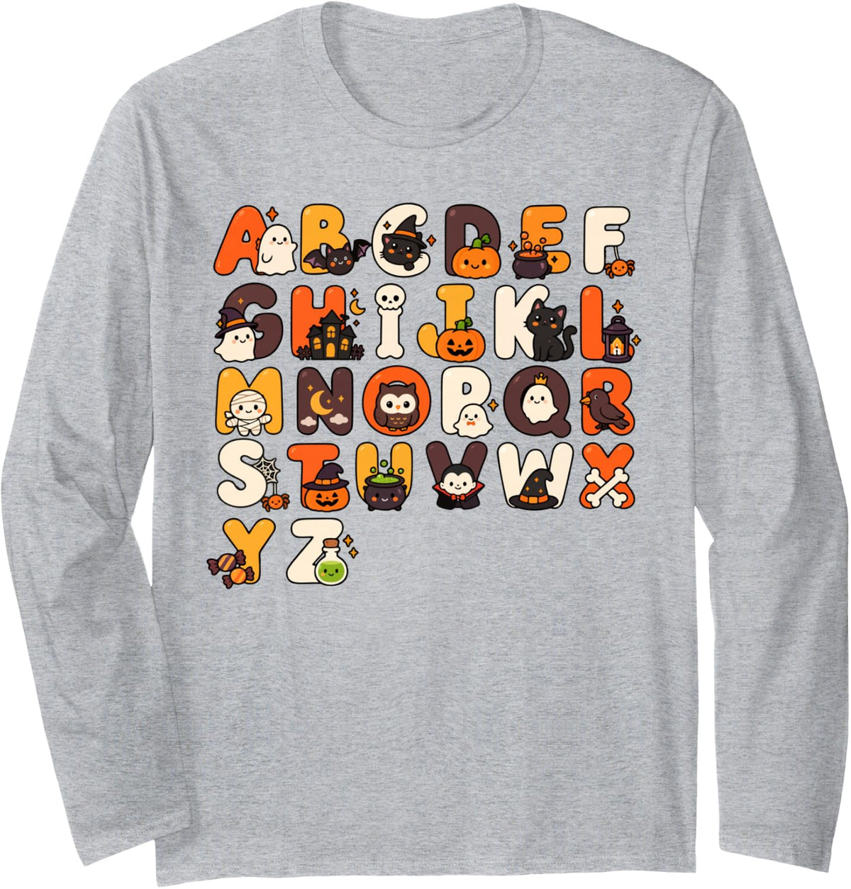 ABCs Learning Kindergarten Teacher Funny Halloween Alphabet Long Sleeve T-Shirt - Adult Unisex Heather Grey