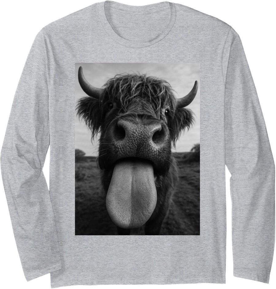 Scottish Highland Cow Selfie Tongue Out Funny Farmer Long Sleeve T-Shirt - Adult Unisex Heather Grey