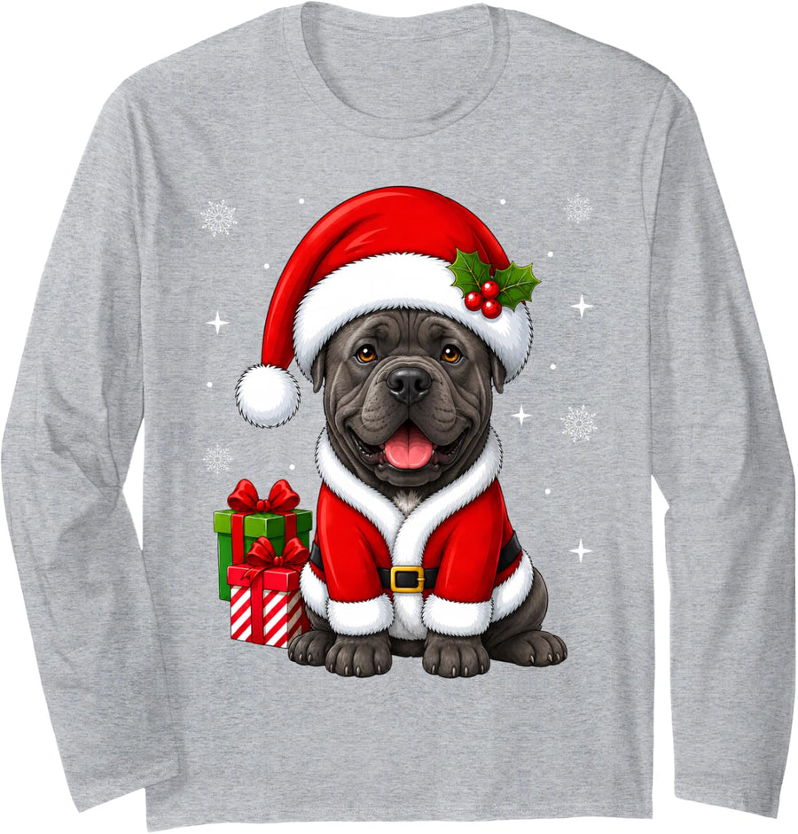 Cane Corso Dog in Christmas Santa Costume Cute Festive Xmas Long Sleeve T-Shirt - Adult Unisex Heather Grey