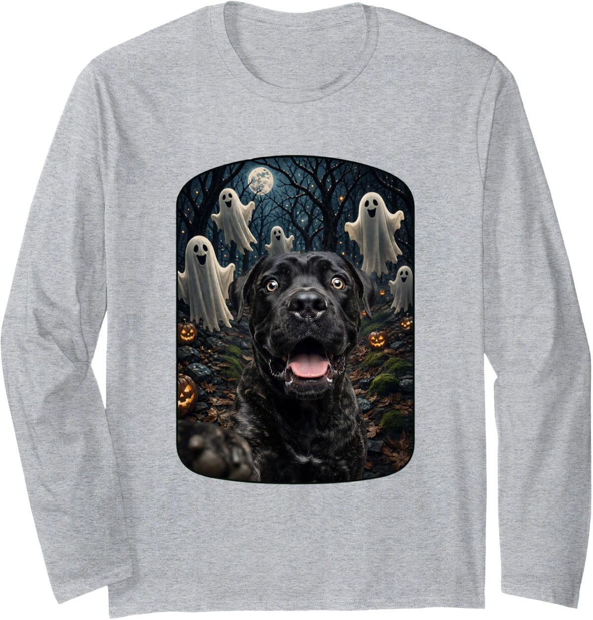 Funny Cane Corso Selfie with Ghosts Haunted Forest Halloween Long Sleeve T-Shirt - Adult Unisex Heather Grey