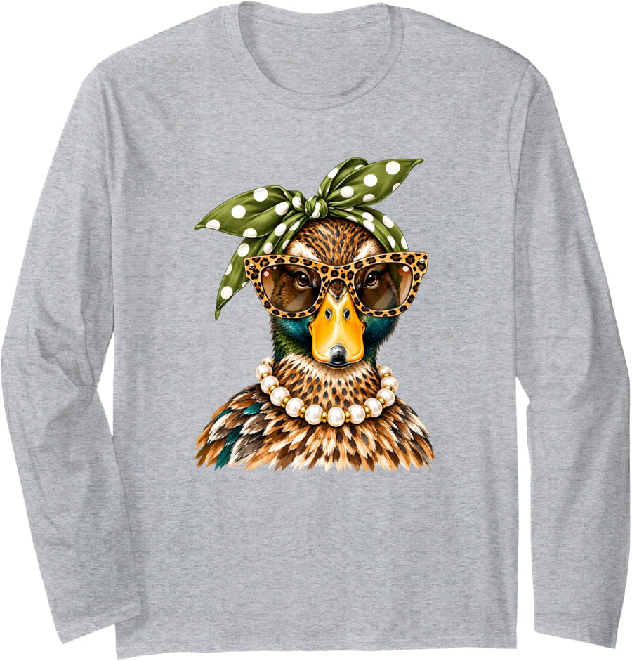 Glam Mallard Duck Wearing Polka Dots Bandana, Hunting Season Long Sleeve T-Shirt - Adult Unisex Heather Grey
