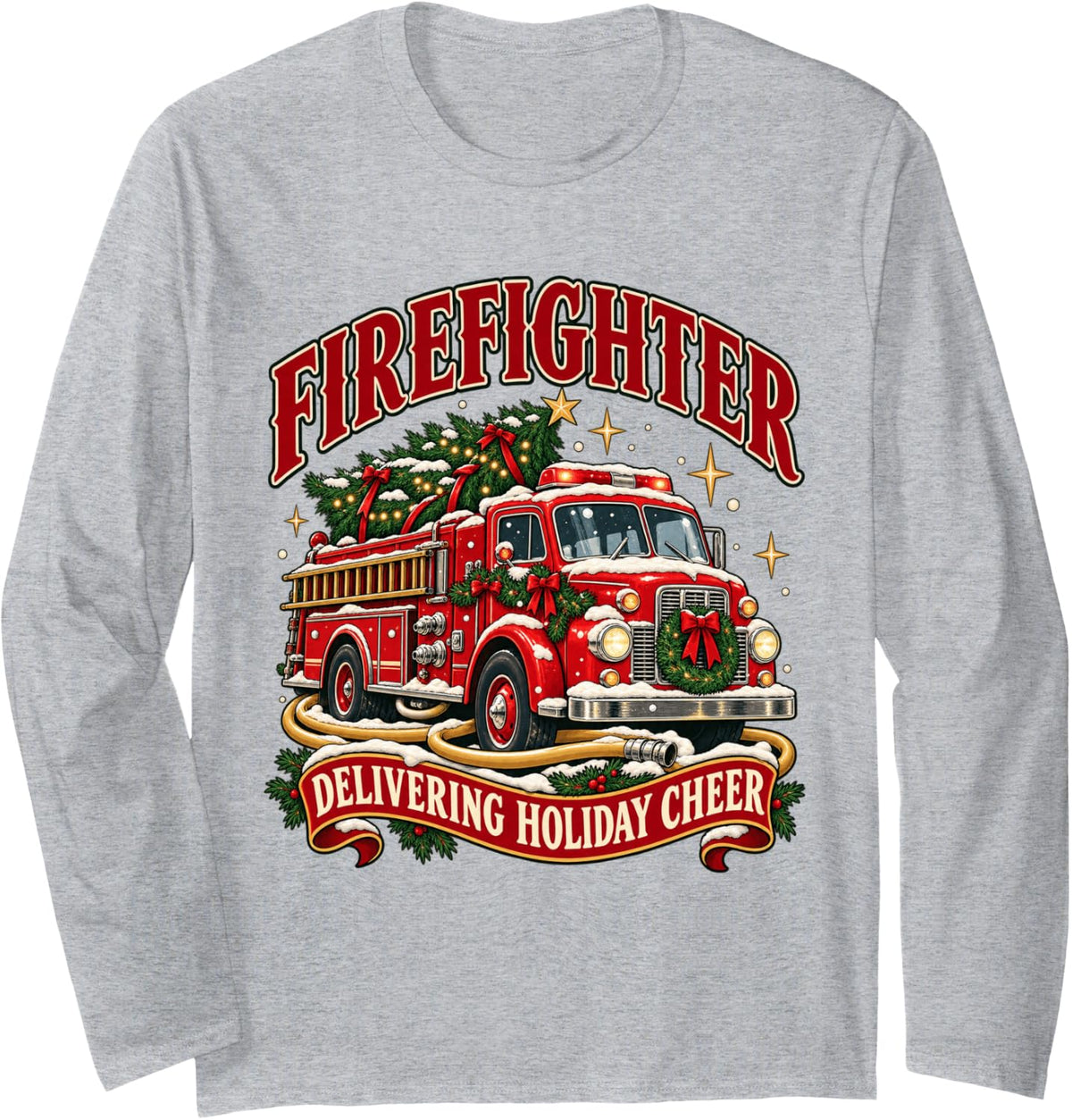 Firefighter Delivering Holiday Cheer Christmas Fire Truck Long Sleeve T-Shirt - Adult Unisex Heather Grey