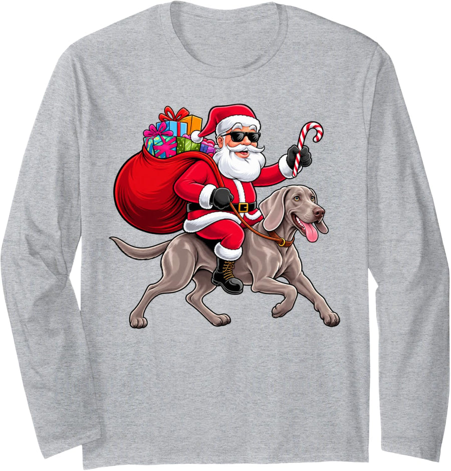 Xmas Santa Riding Weimaraner Lovers Pet Dog Christmas Long Sleeve T-Shirt - Adult Unisex Heather Grey