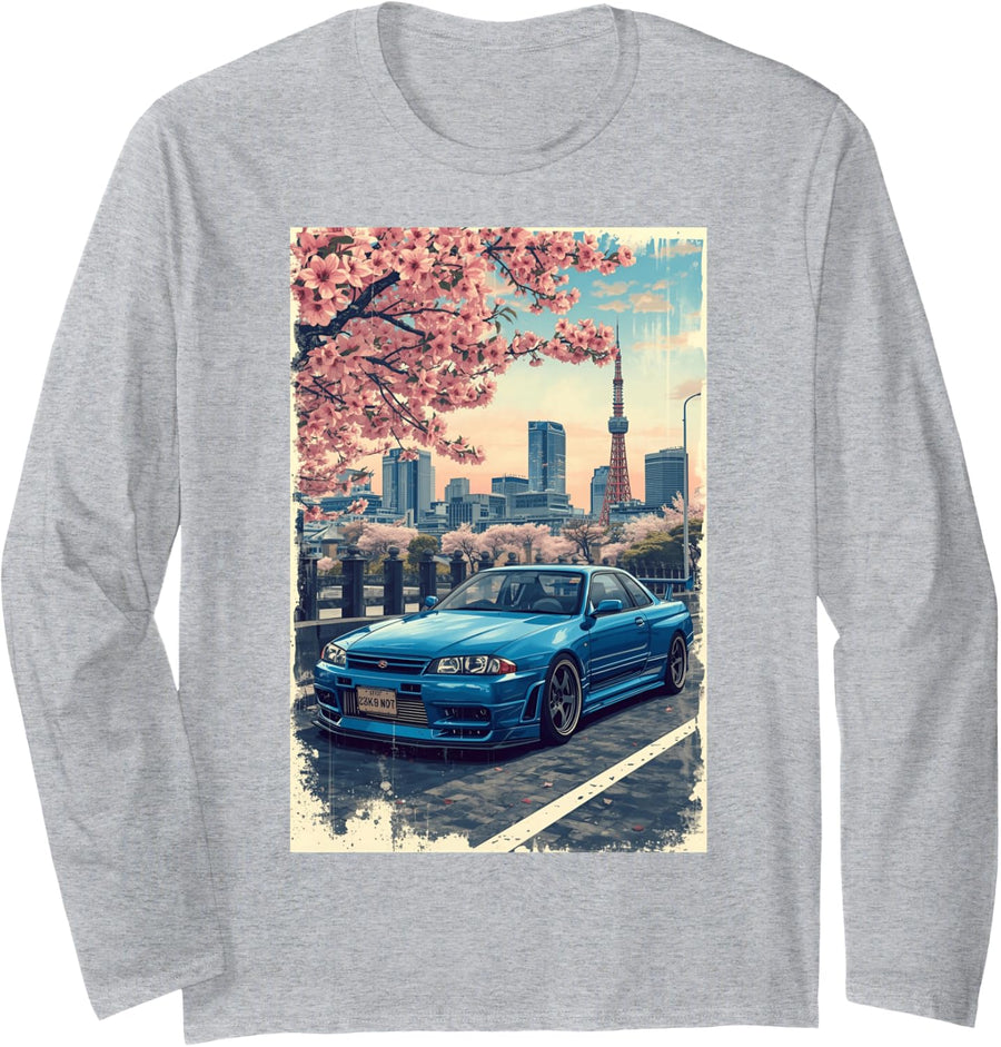 Retro JDM Drift Racing Car Tokyo Skyline Sakura Blossom Art Long Sleeve T-Shirt - Adult Unisex Heather Grey