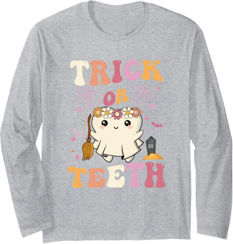 Trick Or Teeth Ghost Groovy Dental Halloween Treat Dentist Long Sleeve T-Shirt - Adult Unisex Heather Grey