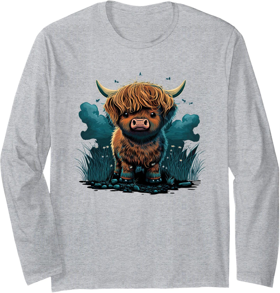 Cute Highland Cattle Cow Funny Highland Cow Long Sleeve T-Shirt - Adult Unisex Heather Grey