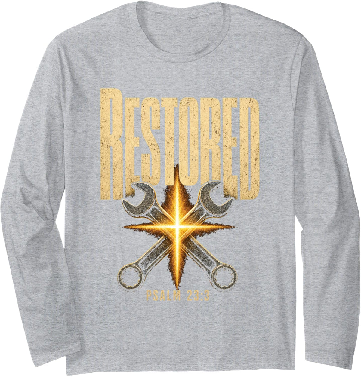 Christian Mechanic Restored Psalm 23:3 Crossed Wrenches Long Sleeve T-Shirt - Adult Unisex Heather Grey