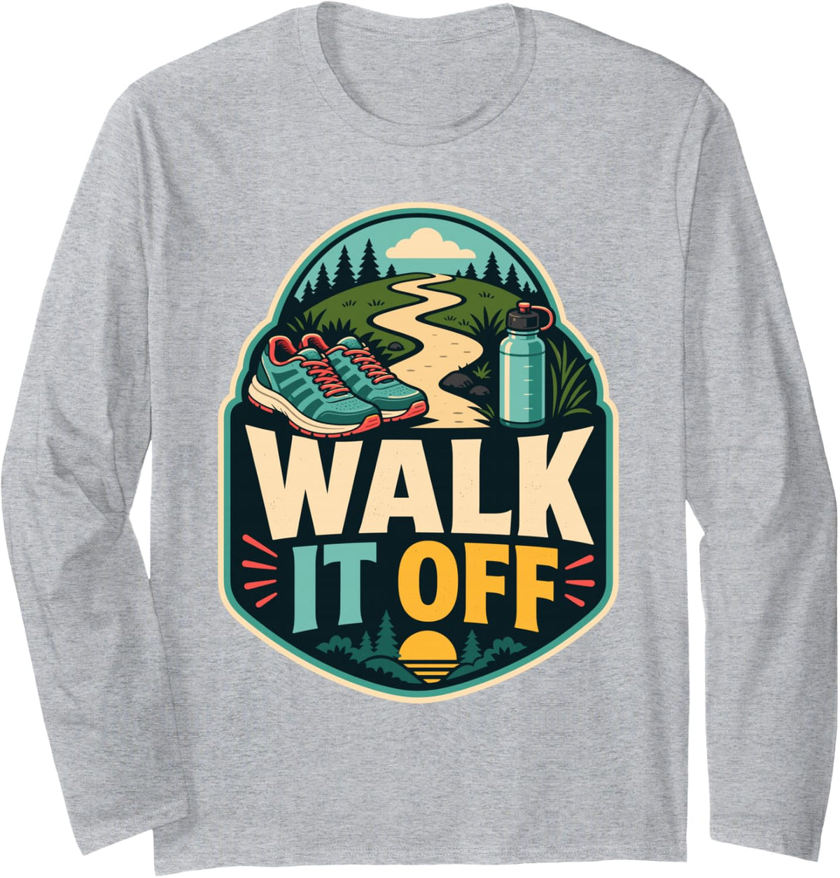 Walk It Off Trail Hiking Retro Long Sleeve T-Shirt - Adult Unisex Heather Grey