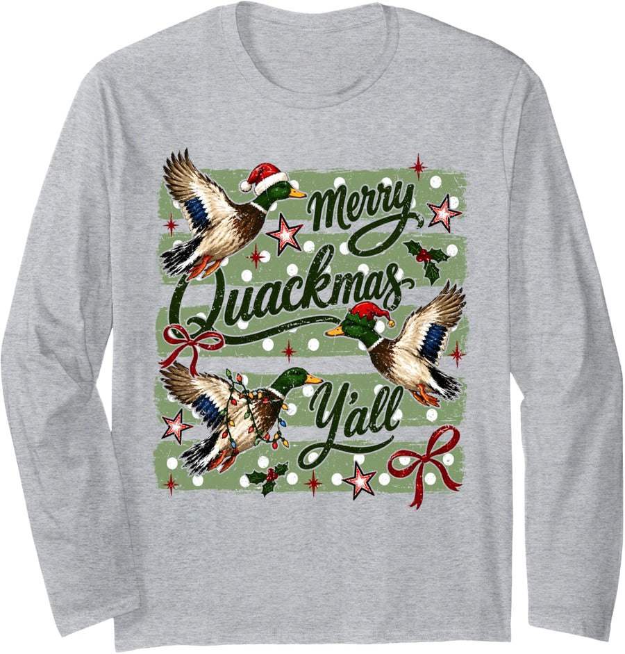 Merry Quackmas Y'all Christmas Mallard Ducks Men Women Kid Long Sleeve T-Shirt - Adult Unisex Heather Grey