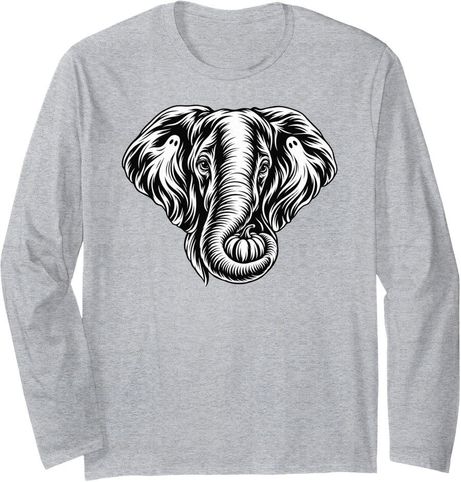 Spooky Elephant Silhouette Pumpkin Ghost Halloween Long Sleeve T-Shirt - Adult Unisex Heather Grey