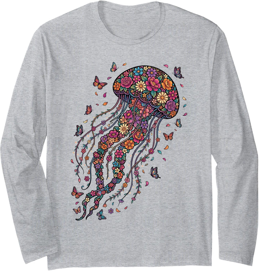 Jellyfish Colorful Floral Butterfly Flowers Botanical Long Sleeve T-Shirt - Adult Unisex Heather Grey