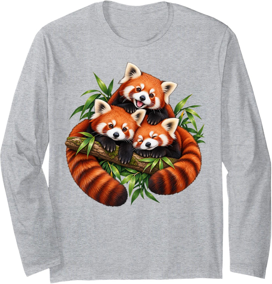 Three Red Panda Cubs On Bamboo Branch Wildlife Family Art Long Sleeve T-Shirt - Adult Unisex Heather Grey
