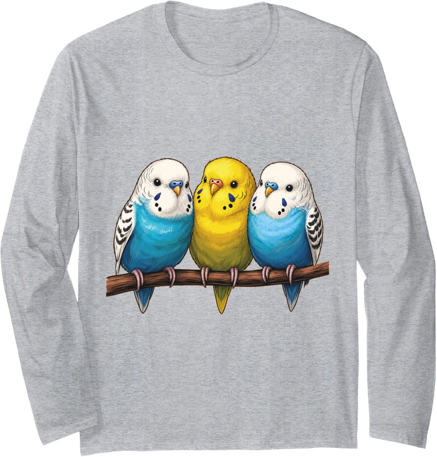 Cute Budgies Long Sleeve T-Shirt - Adult Unisex Heather Grey