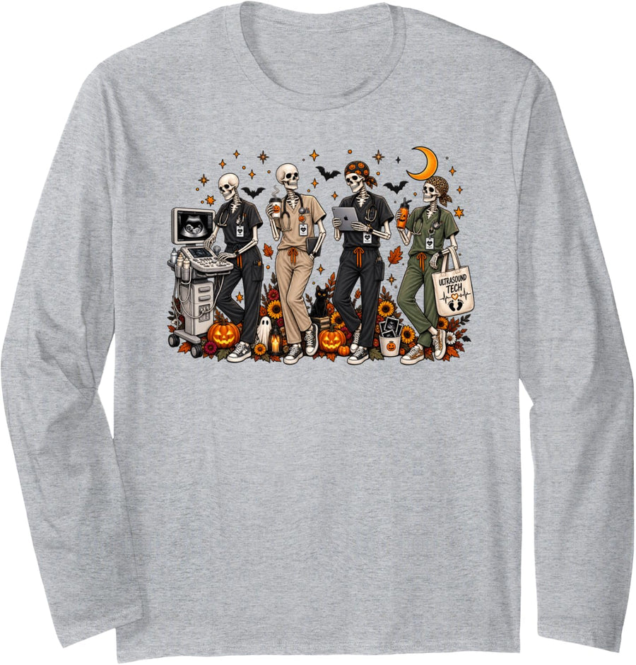 Wildflower Skeleton Sonographer Ultrasound Tech Halloween Long Sleeve T-Shirt - Adult Unisex Heather Grey