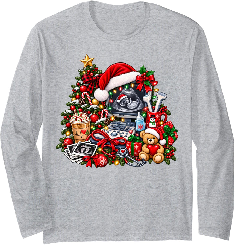 Christmas Sonographer Ultrasound Tech Christmas Technologist Long Sleeve T-Shirt - Adult Unisex Heather Grey
