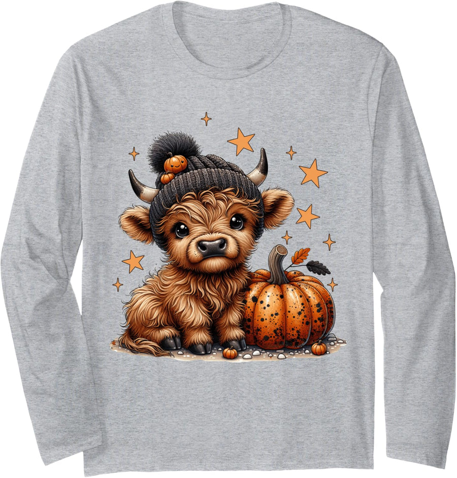 Moo Highland Cow Halloween Pumpkin Season Women Girls Kids Long Sleeve T-Shirt - Adult Unisex Heather Grey