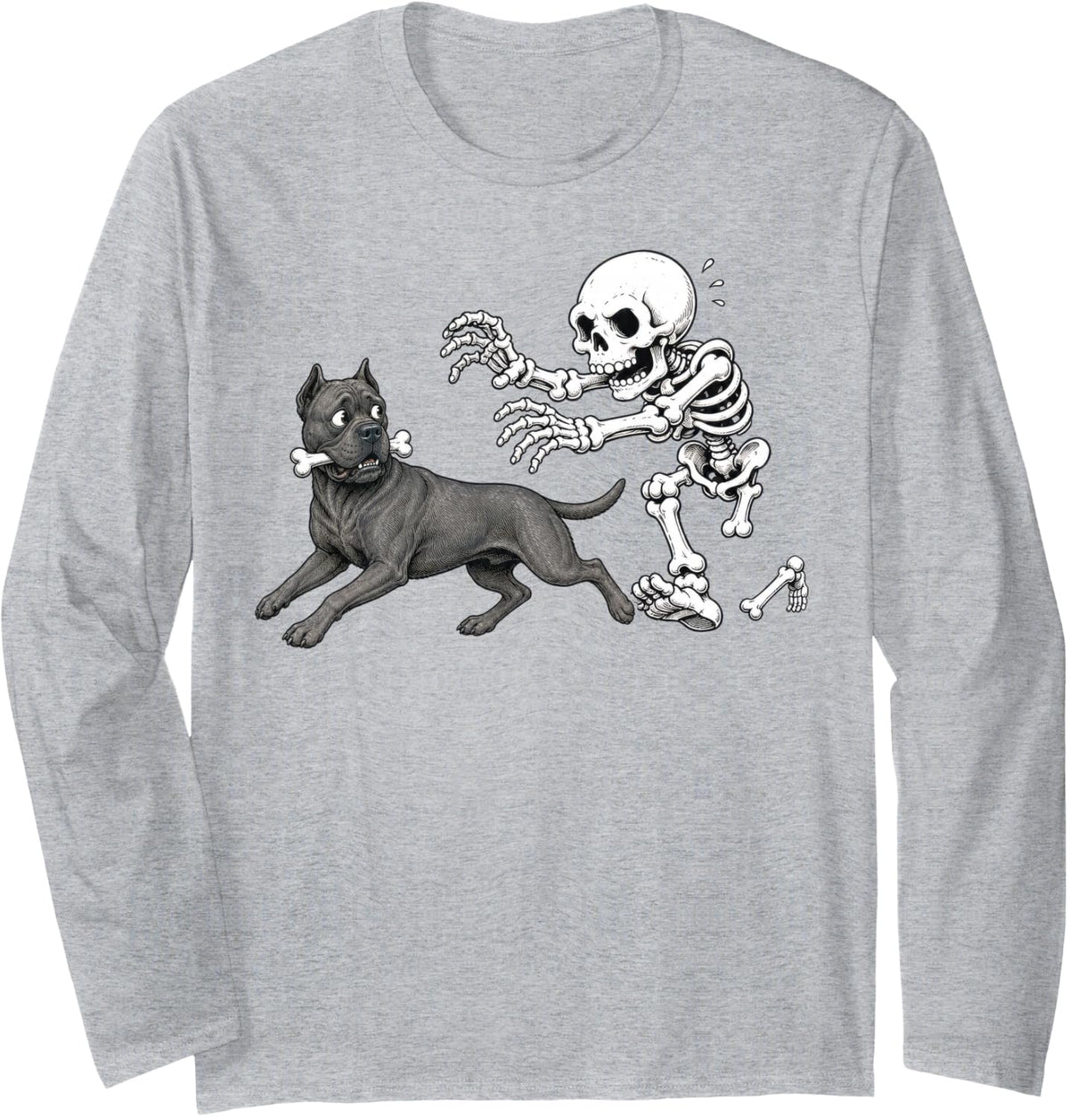 Cane Corso Skeleton Bone Chase Funny Halloween Dog Humor Long Sleeve T-Shirt - Adult Unisex Heather Grey